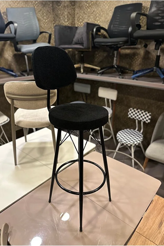 Yeni Teddy Kumaş Dolce Bar Sandalyesi Siyah.65 Cm Oturum Yüksekliği